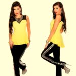 Kaunistusega kollane peplum-pluus