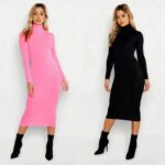 Kõrge kaelusega neoonroosa soonikkoes kleit Lana