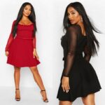 Läbipaistvate varrukatega veinipunane skater-kleit Miranda