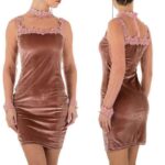 Emmash Paris läbipaistvate varrukatega vanaroosa värvi sametine peokleit Jasmina