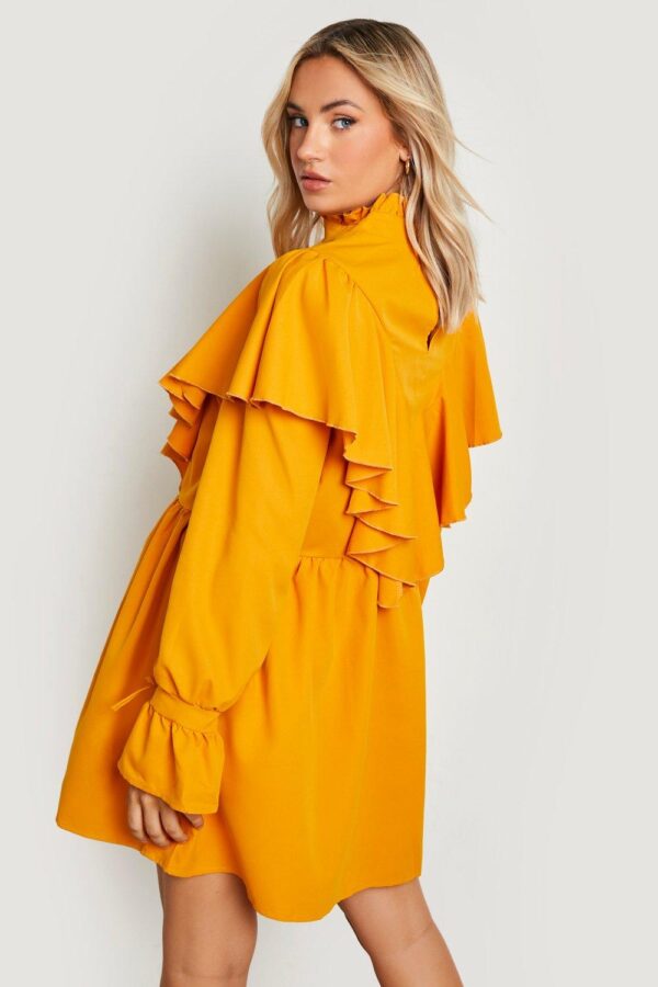 female-mustard-ruffle-smock-mini-shirt-dress-