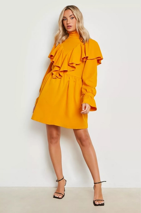 female-mustard-ruffle-smock-mini-shirt-dress-3